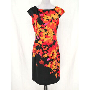 London Times Dress Womens 14 Black Orange Floral Lined Side Zip Party Career